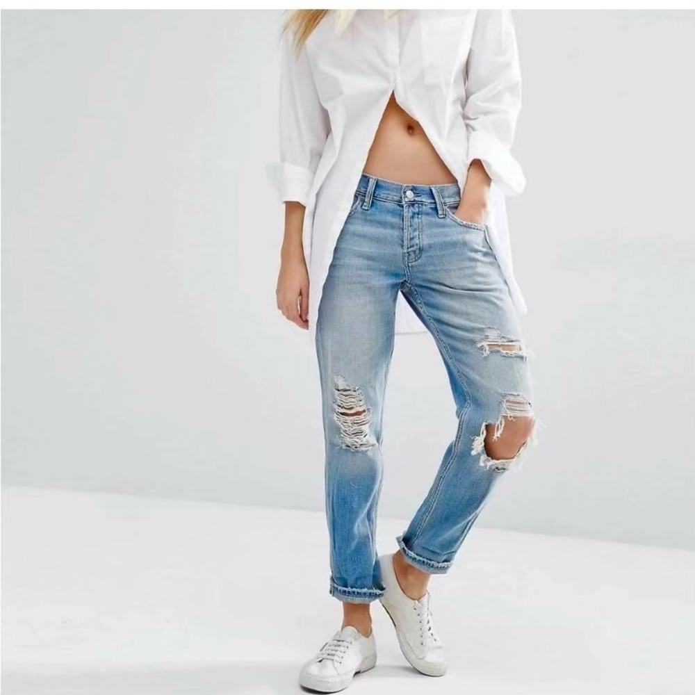Abercrombie 4 (27) Annie High Rise Boyfriend Jeans Distressed Frayed Hems Cuffed